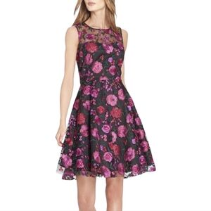Tahari Black-Multi Pink Red Rose Applique Embellished Mesh Fit/Flare Dress 14